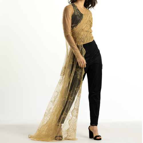 Side Drapped Lace Top In Gold