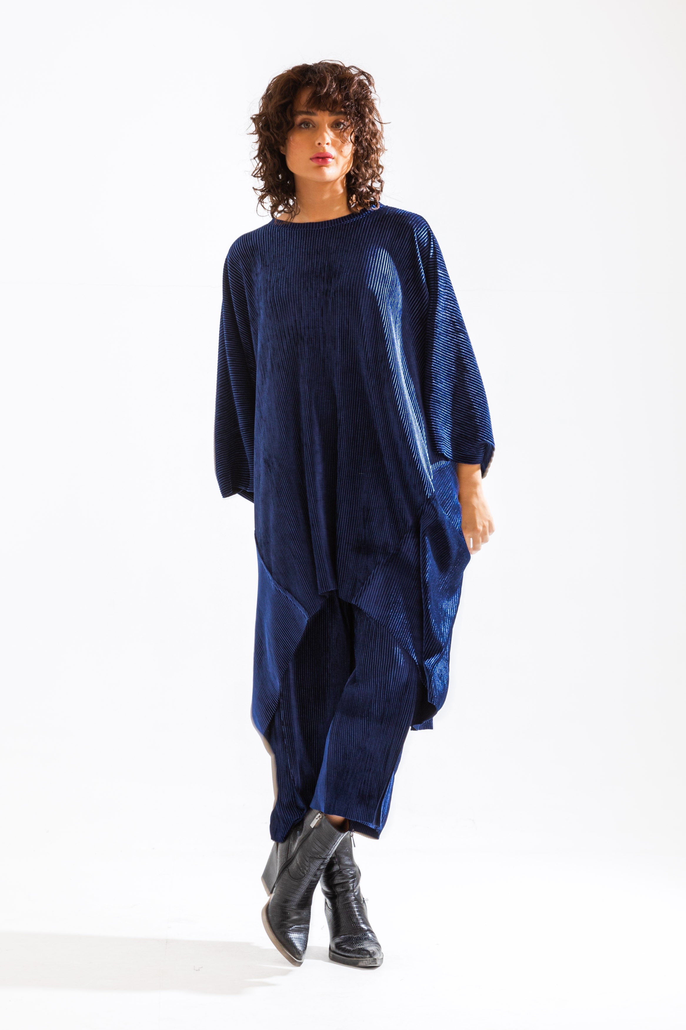 Velvet Pleated Navy Oversize Top