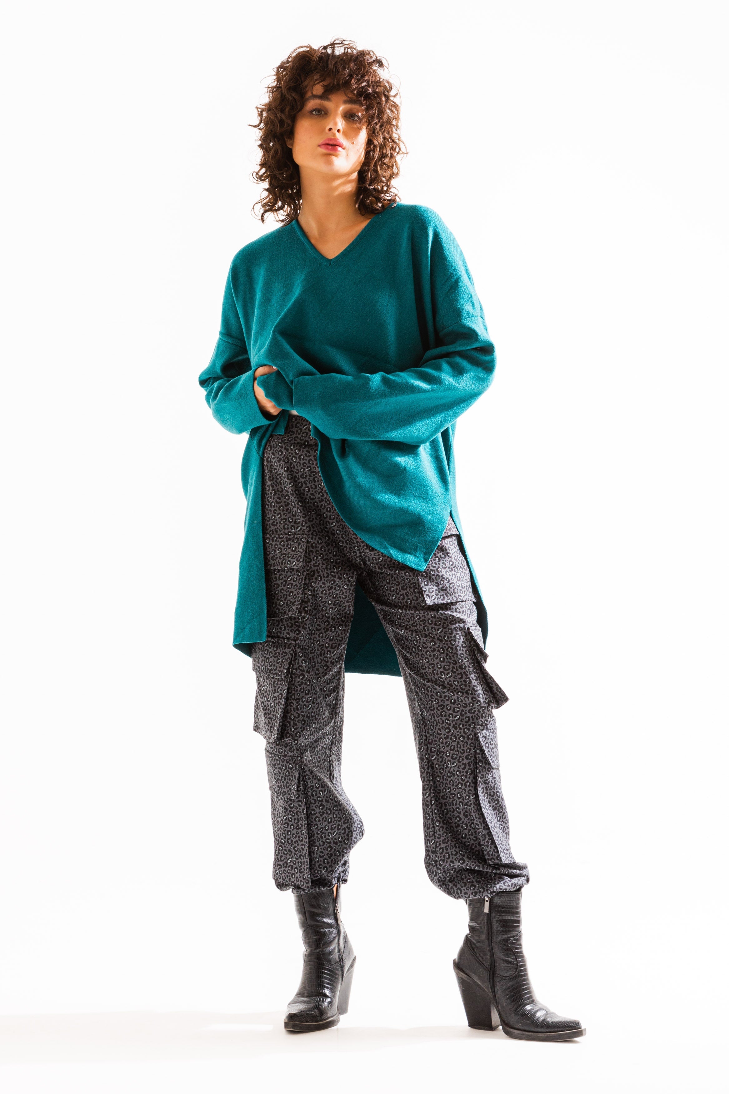 Oversize V Neck Sweater In Turquoise