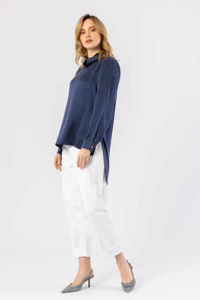 High Low Silk Top In Blue