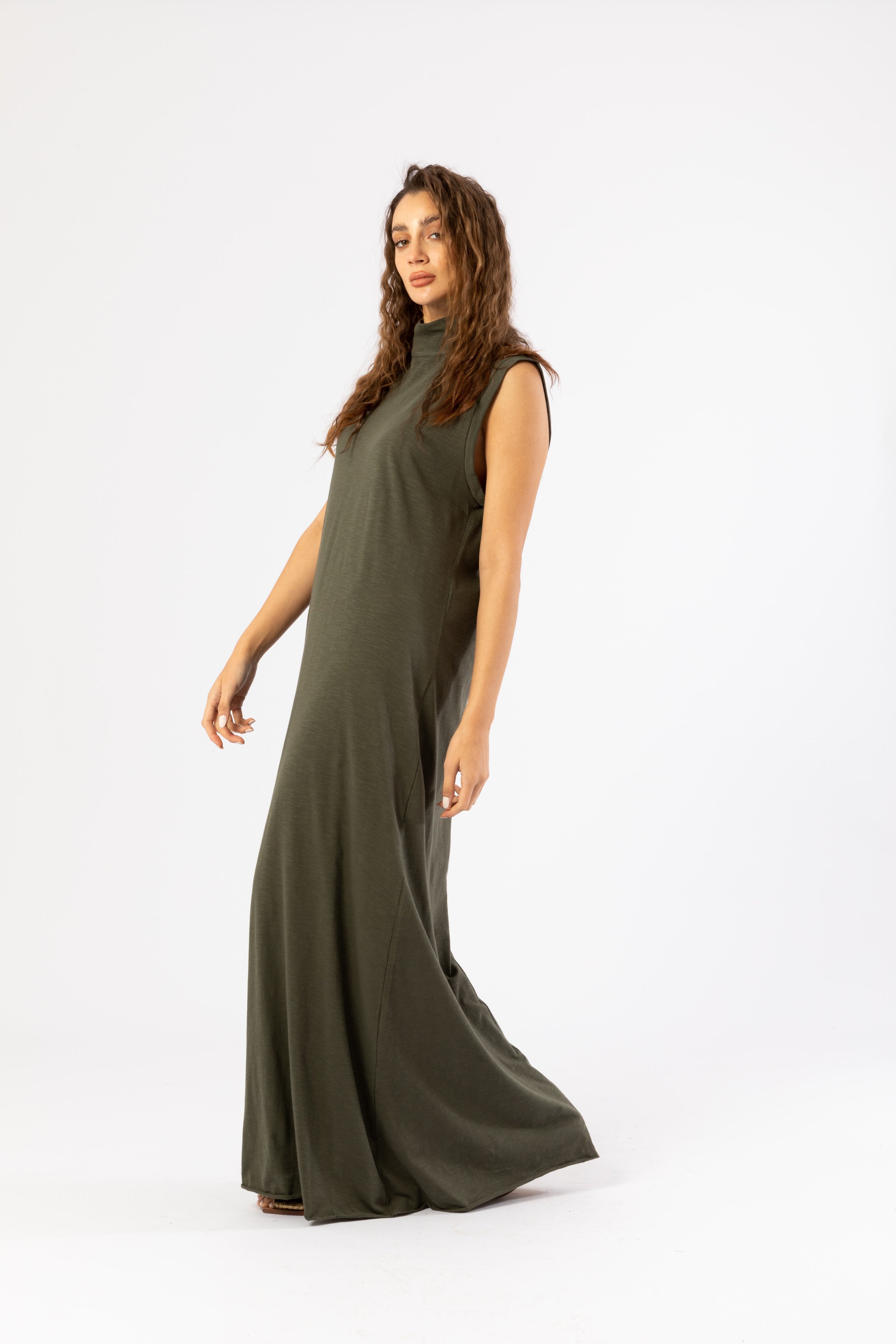 Open Back Cotton Dress In Olive