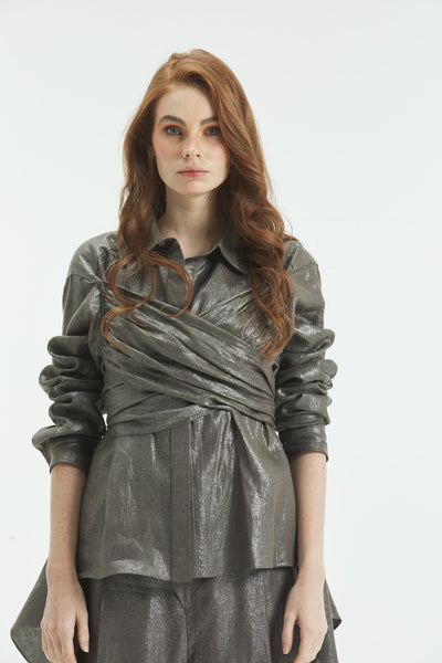 Shiny Grey Linen Multiway Asymmetrical Shirt