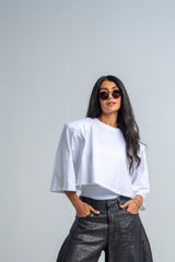 Cropped Bold Shoulders T-Shirt In White