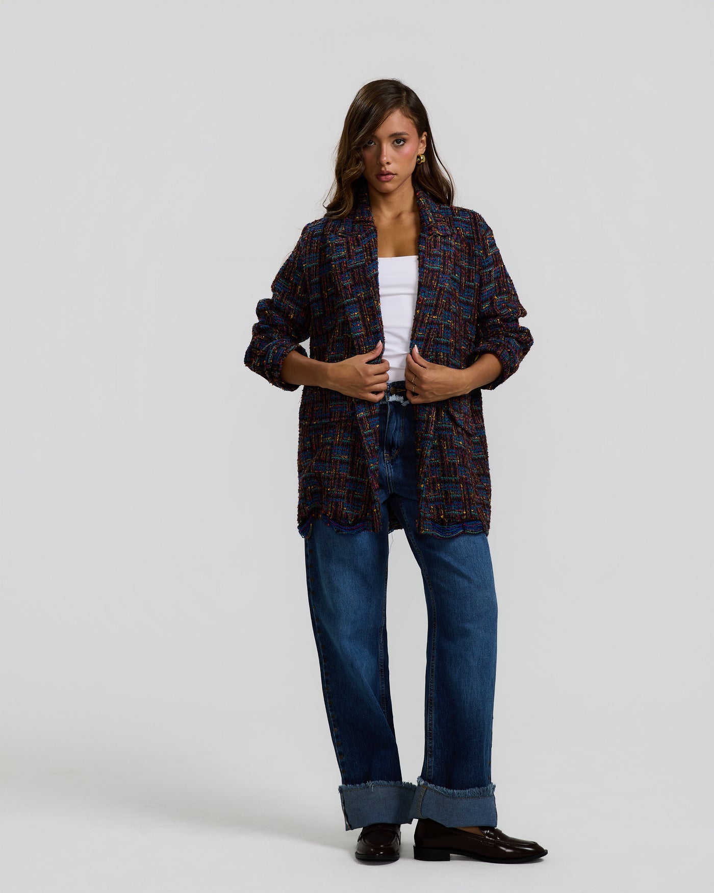 Multicolor Ripped Tweed Blazer