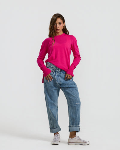 High Low Basic Sweater In Hot Pink