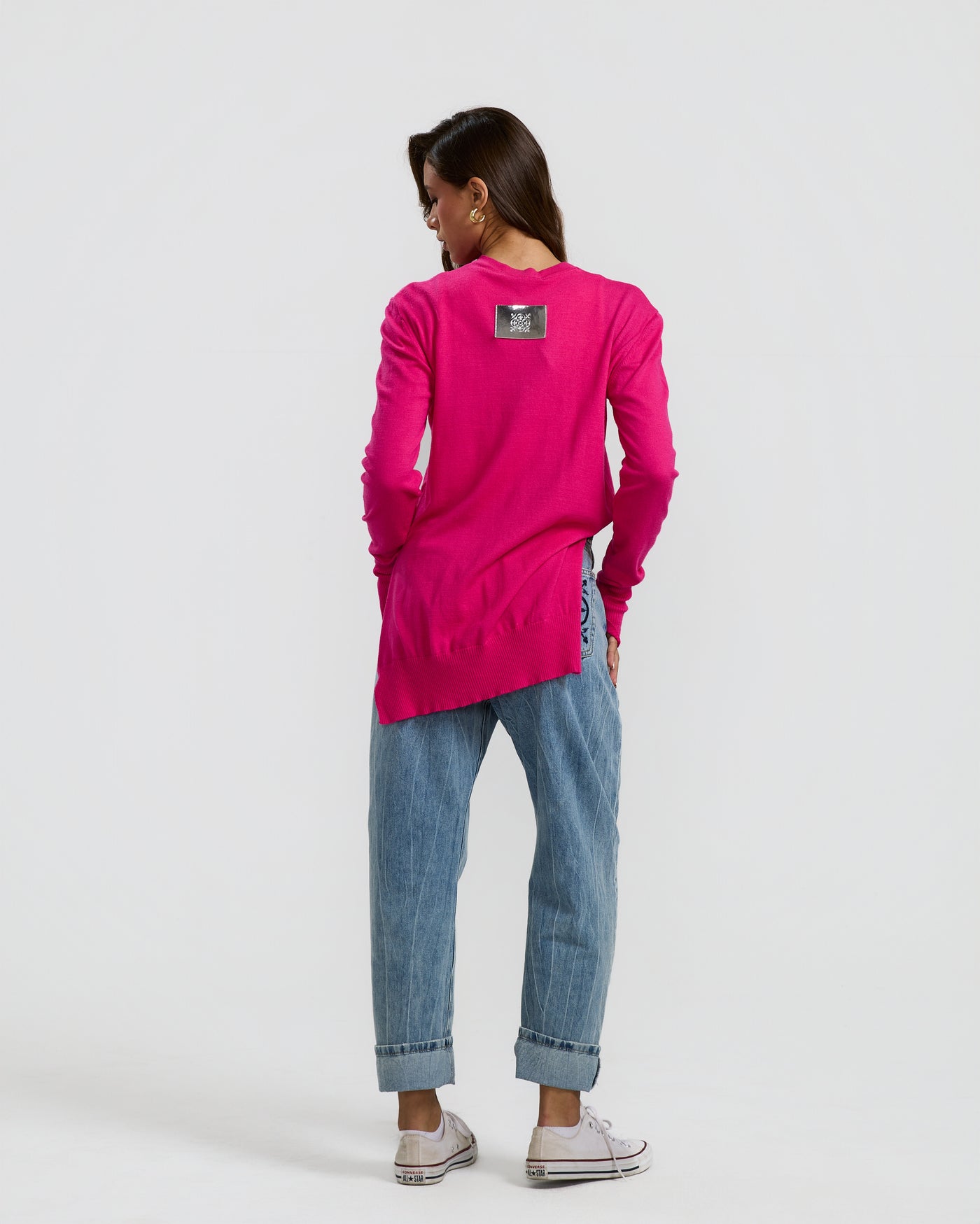 High Low Basic Sweater In Hot Pink