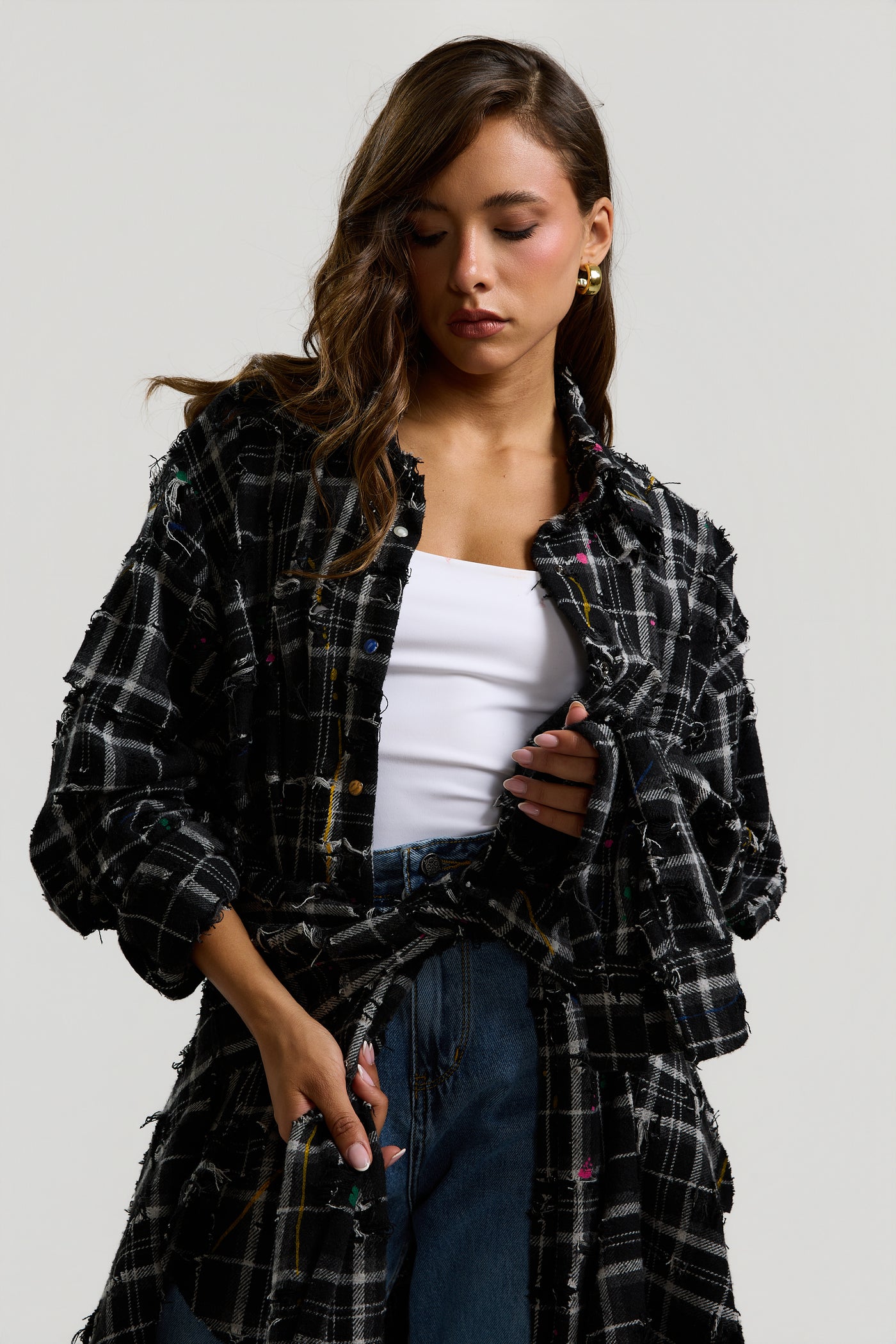 Ripped Checkered Wraparound Shirt