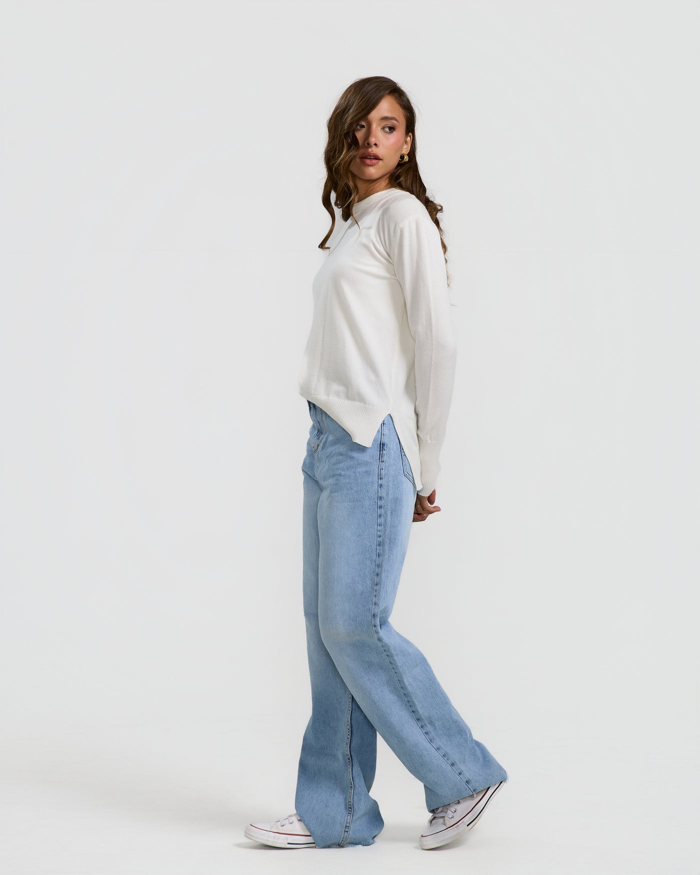 High Low Basic Sweater In White