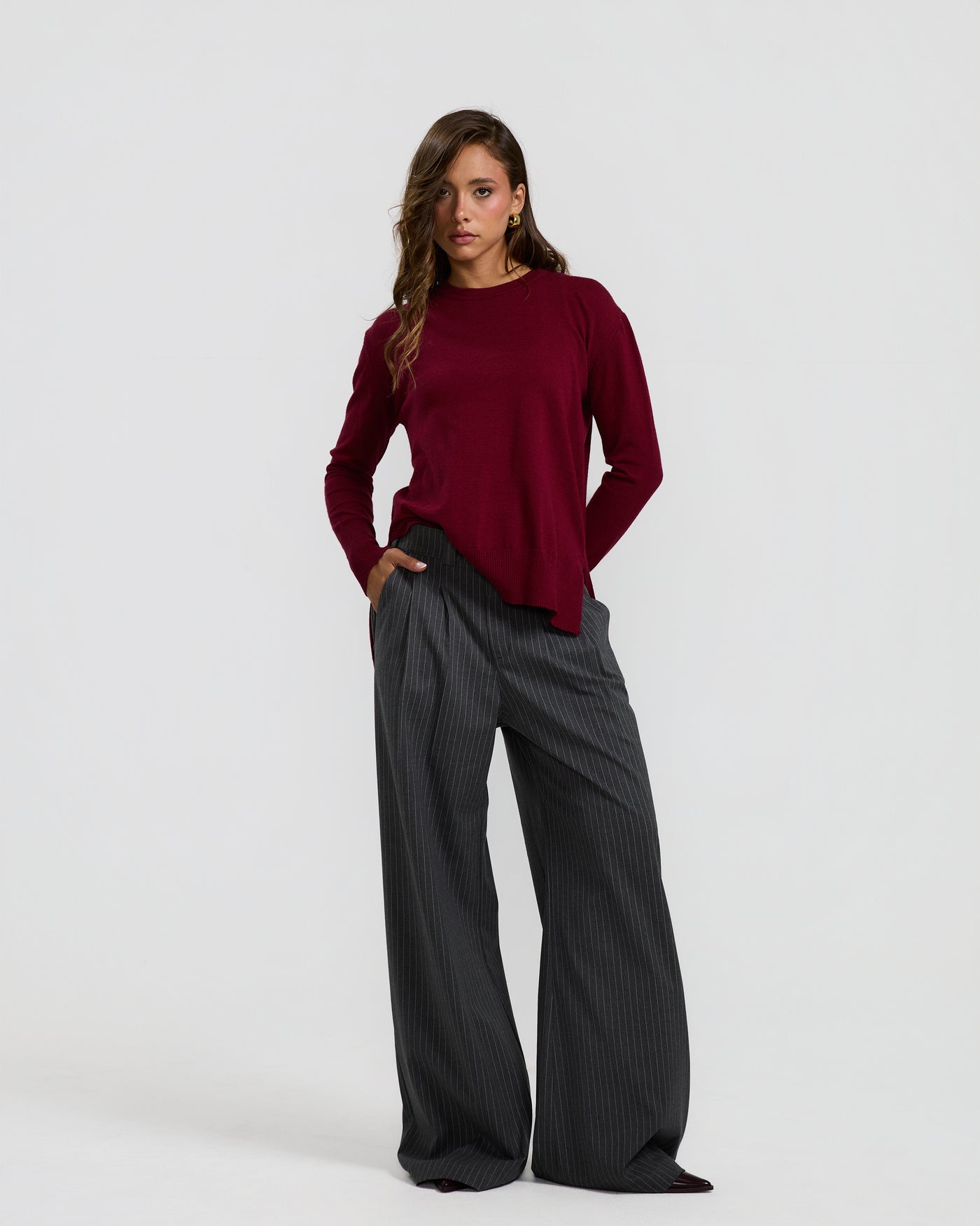 High Low Basic Sweater In Burgundy