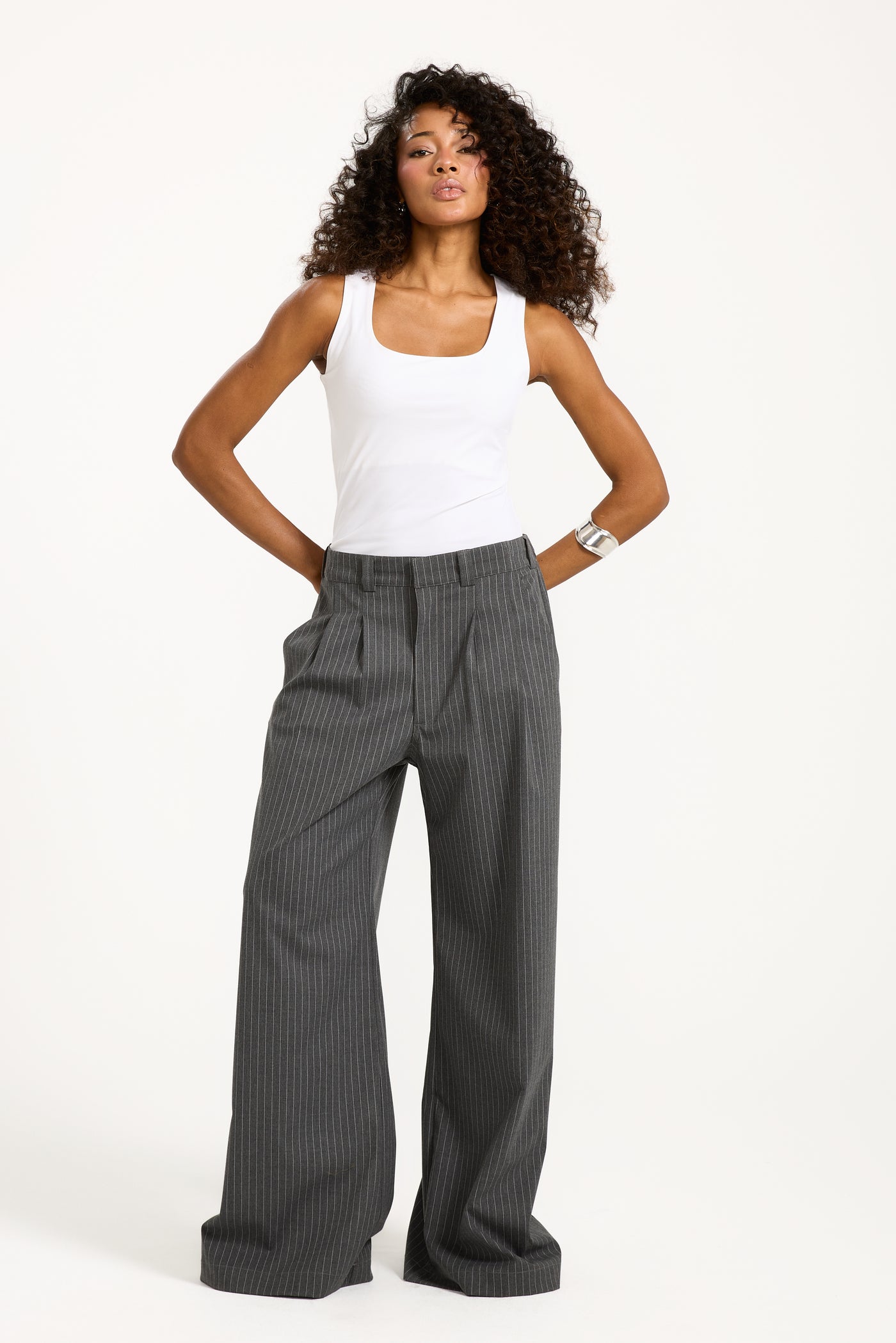 Striped Classic Wide Leg Pants In Dark Grey