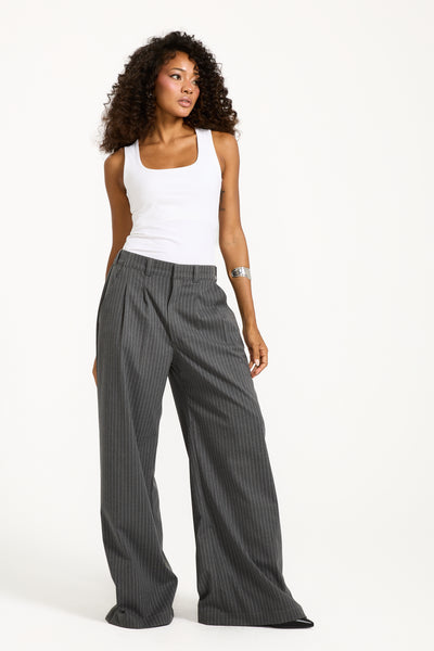Striped Classic Wide Leg Pants In Dark Grey