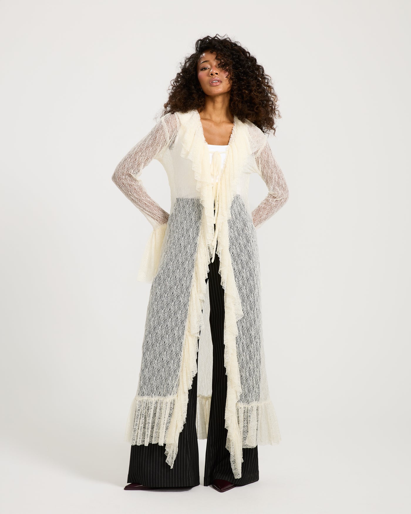 Ruffles Maxi Cardigan In Off White