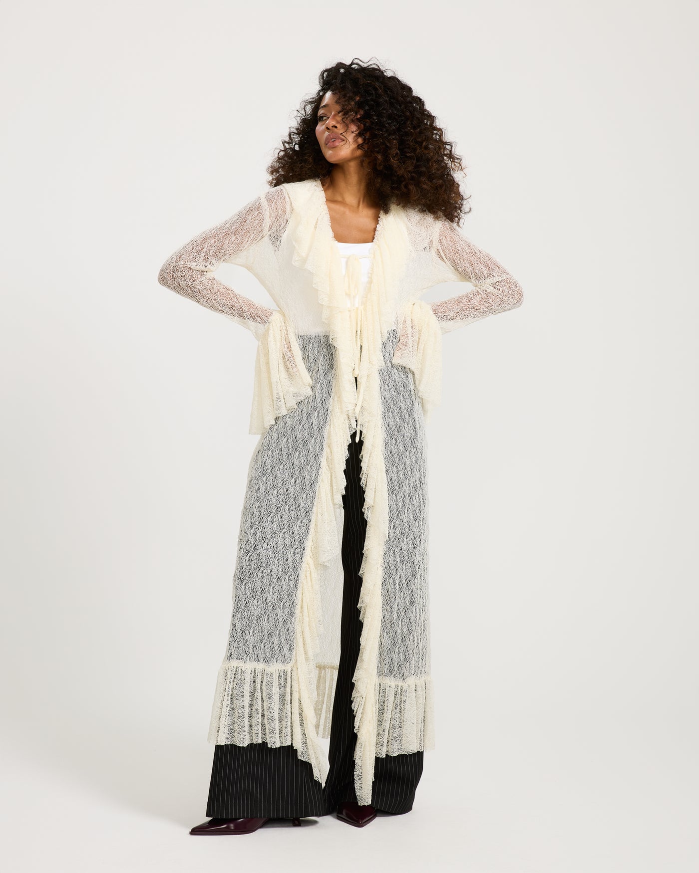 Ruffles Maxi Cardigan In Off White