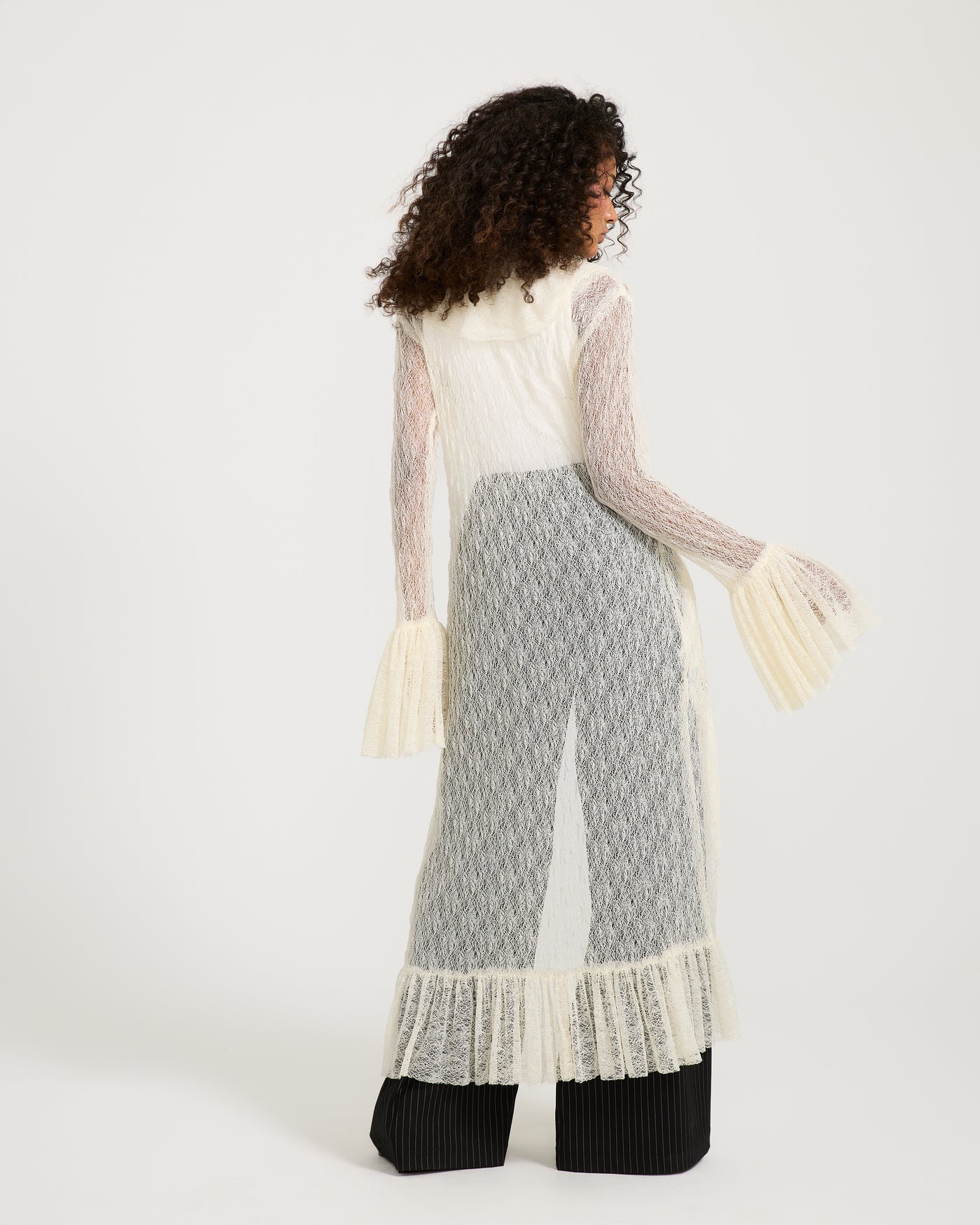 Ruffles Maxi Cardigan In Off White