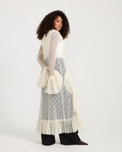 Ruffles Maxi Cardigan In Off White