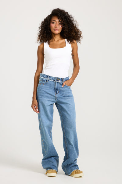 Unfinished studded Denim Mid Wash