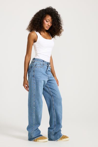 Unfinished studded Denim Mid Wash