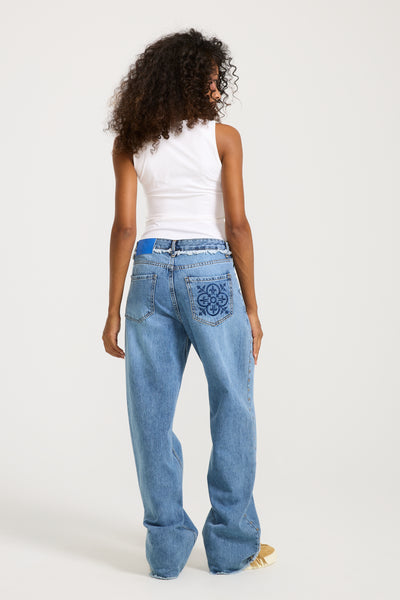 Unfinished studded Denim Mid Wash