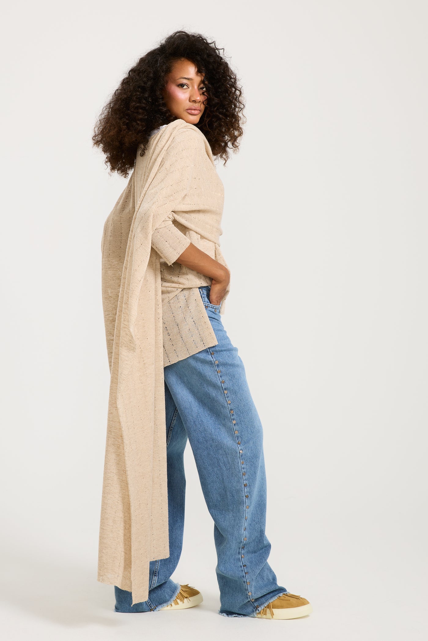 Ripped Extra Shawl Beige Top
