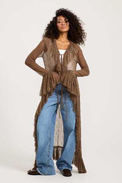 Ruffles Maxi Cardigan In Brown