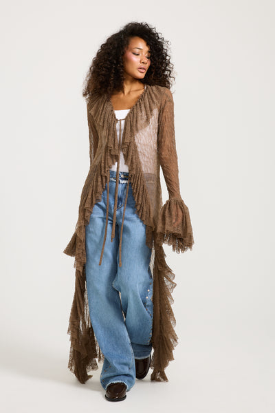 Ruffles Maxi Cardigan In Brown