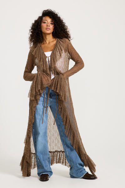 Ruffles Maxi Cardigan In Brown