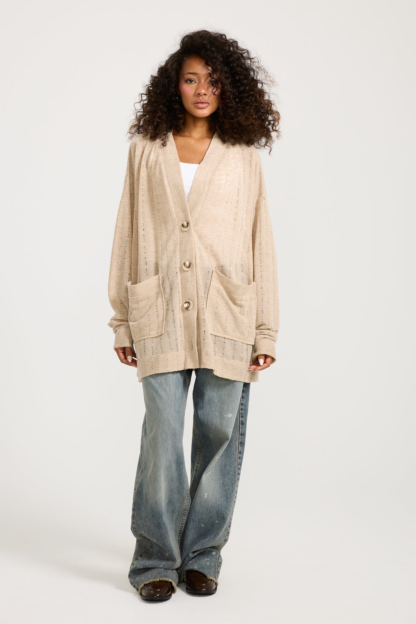 Ripped Oversize Cardigan In Beige