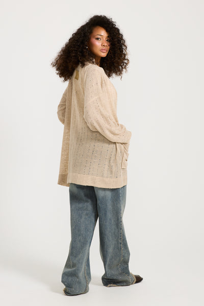 Ripped Oversize Cardigan In Beige