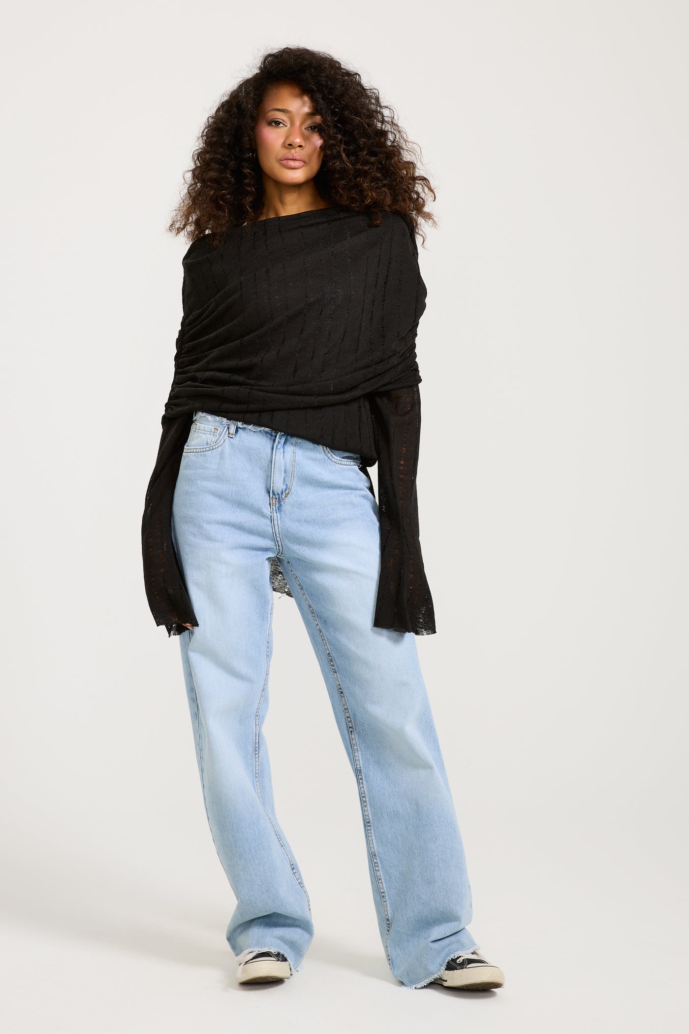 Ripped Draped Shoulders Black Top