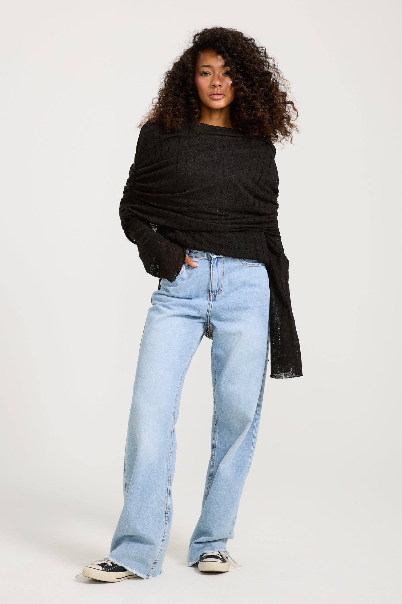 Ripped Draped Shoulders Black Top