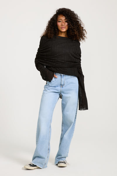 Ripped Draped Shoulders Black Top