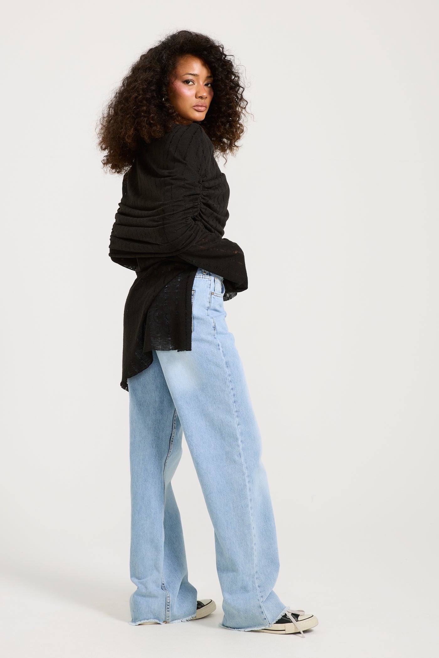 Ripped Draped Shoulders Black Top