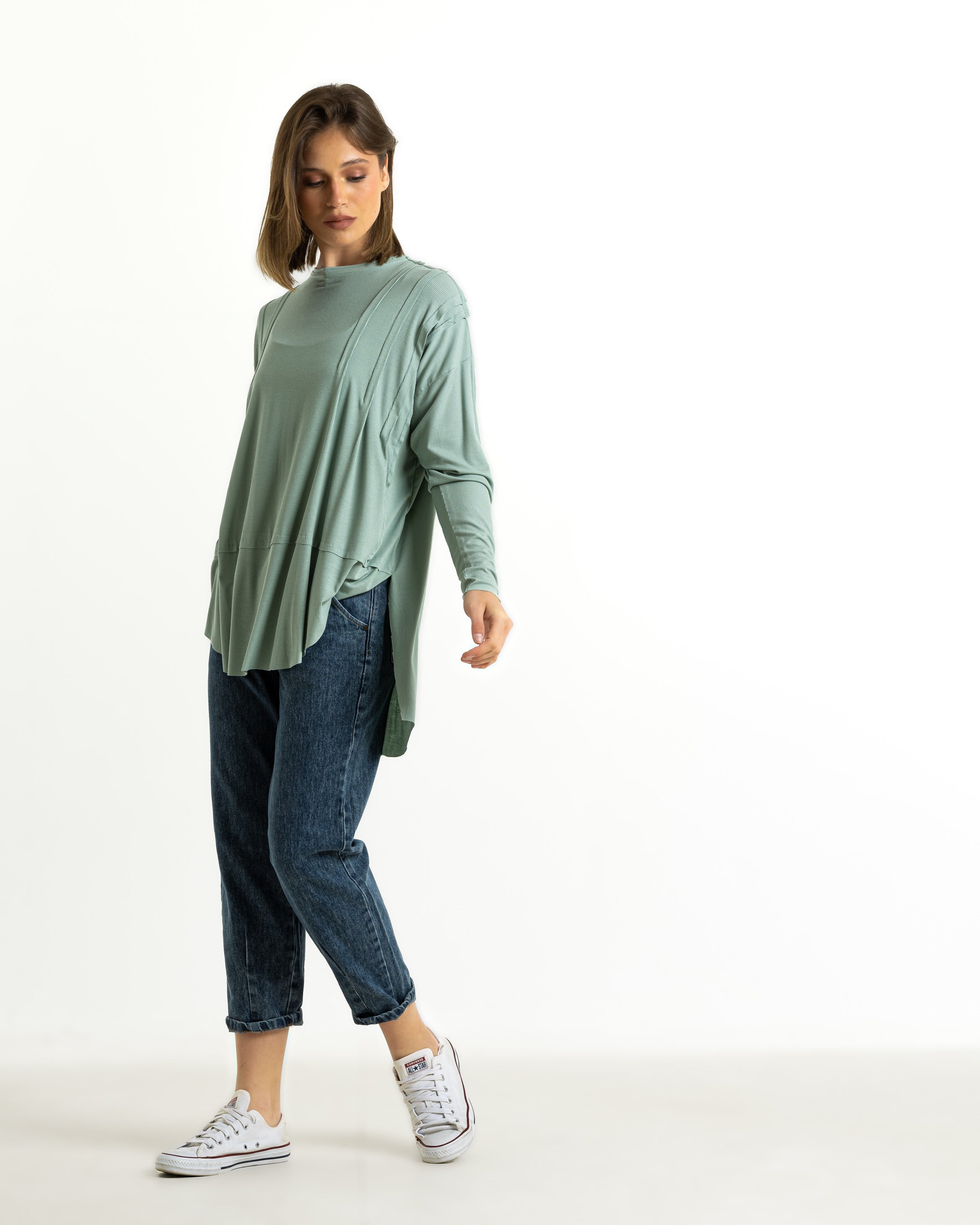 Rounded Hem Flowy Ribbed Top In Mint