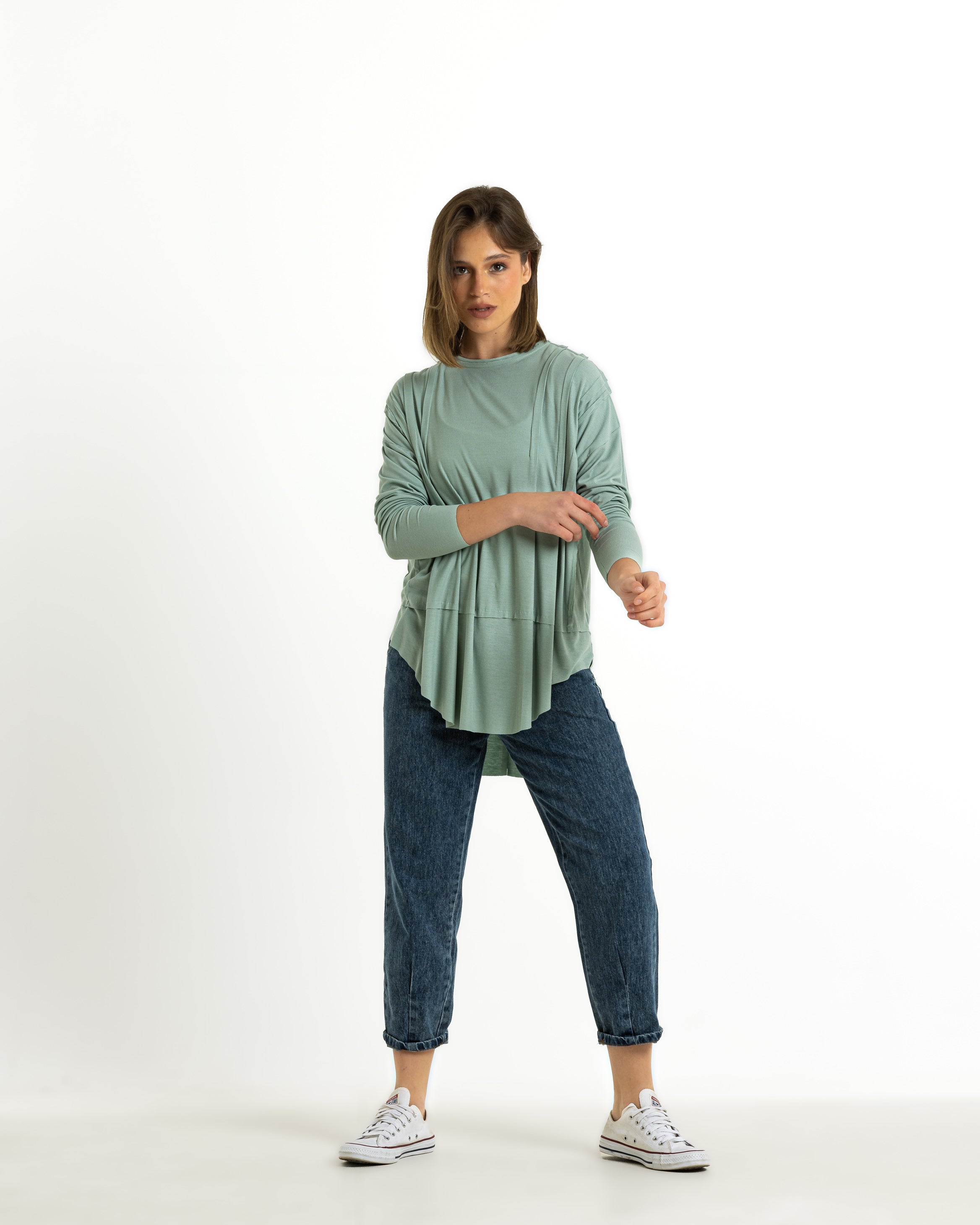 Rounded Hem Flowy Ribbed Top In Mint