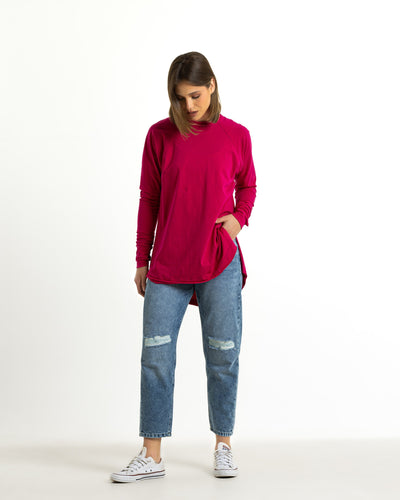 Basic Rounded Hem T-Shirt In Fuchsia