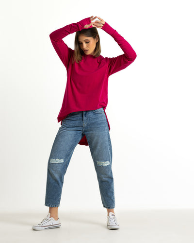 Basic Rounded Hem T-Shirt In Fuchsia
