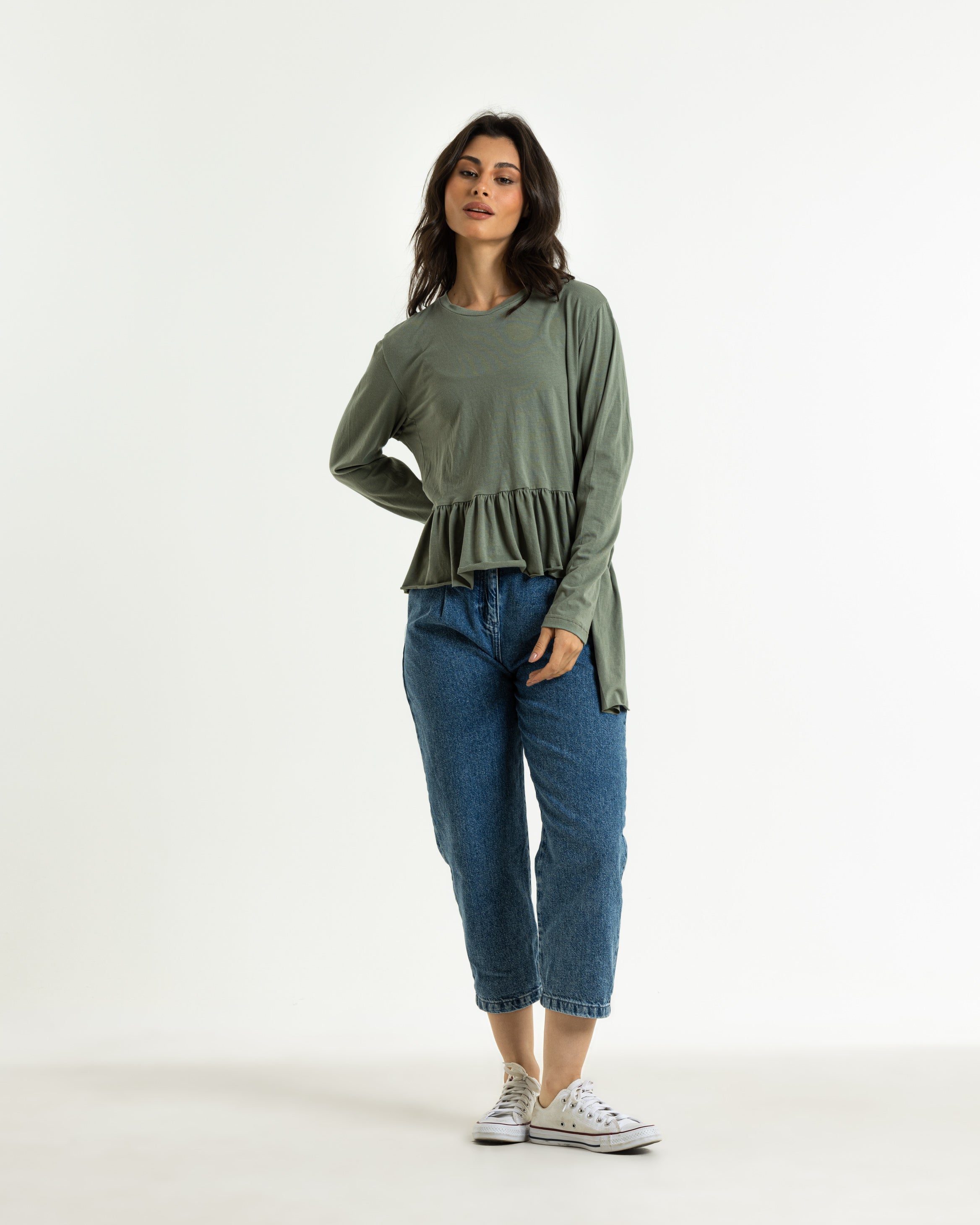 Front Ruffle Hem T-Shirt In Olive