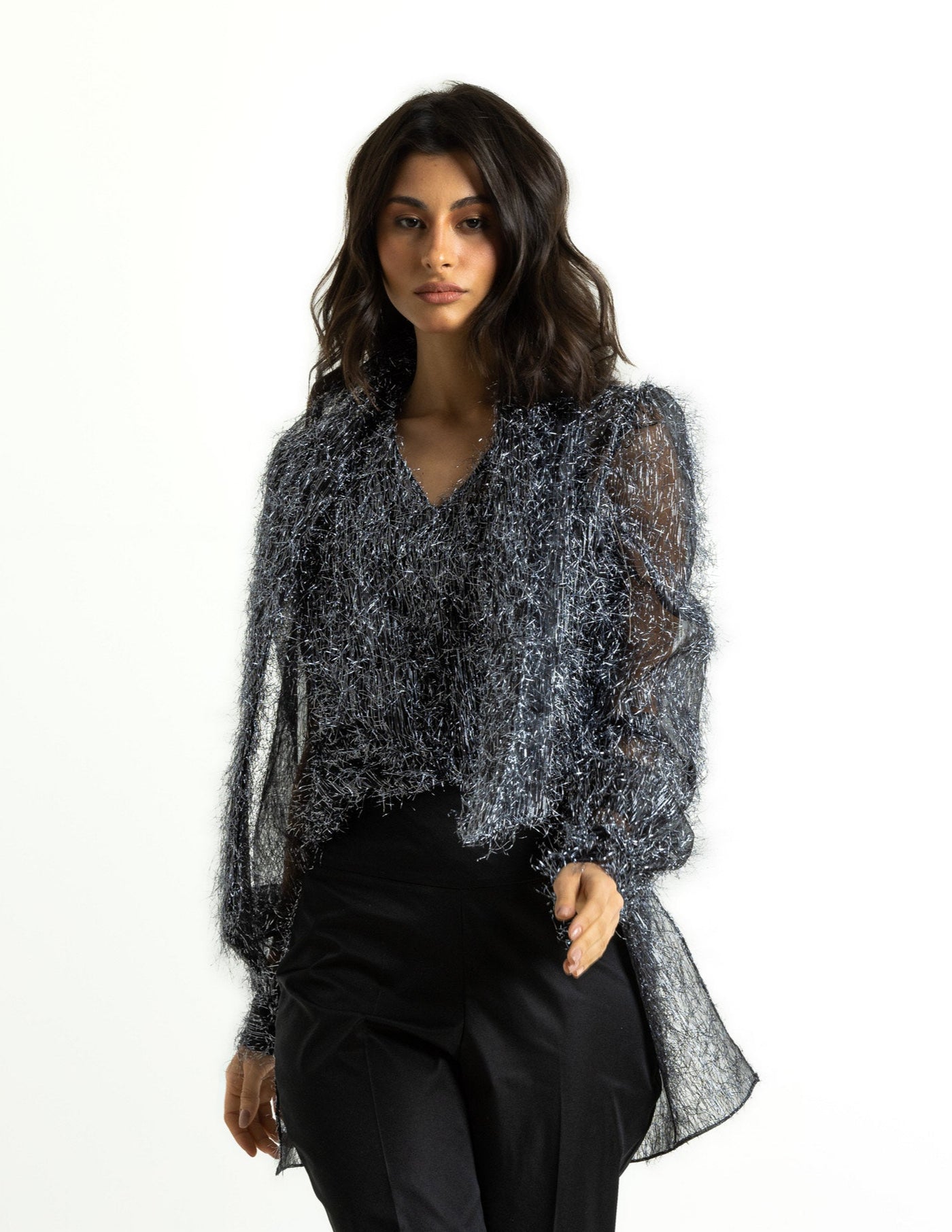 Silver Fringes Black Tie Top