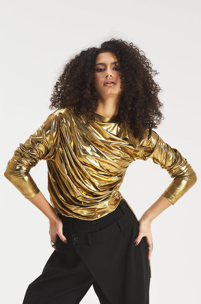 Front Draped Disco Top In Gold