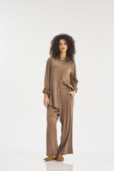 Silk Low Crotch Wide Leg Pants In Coffee