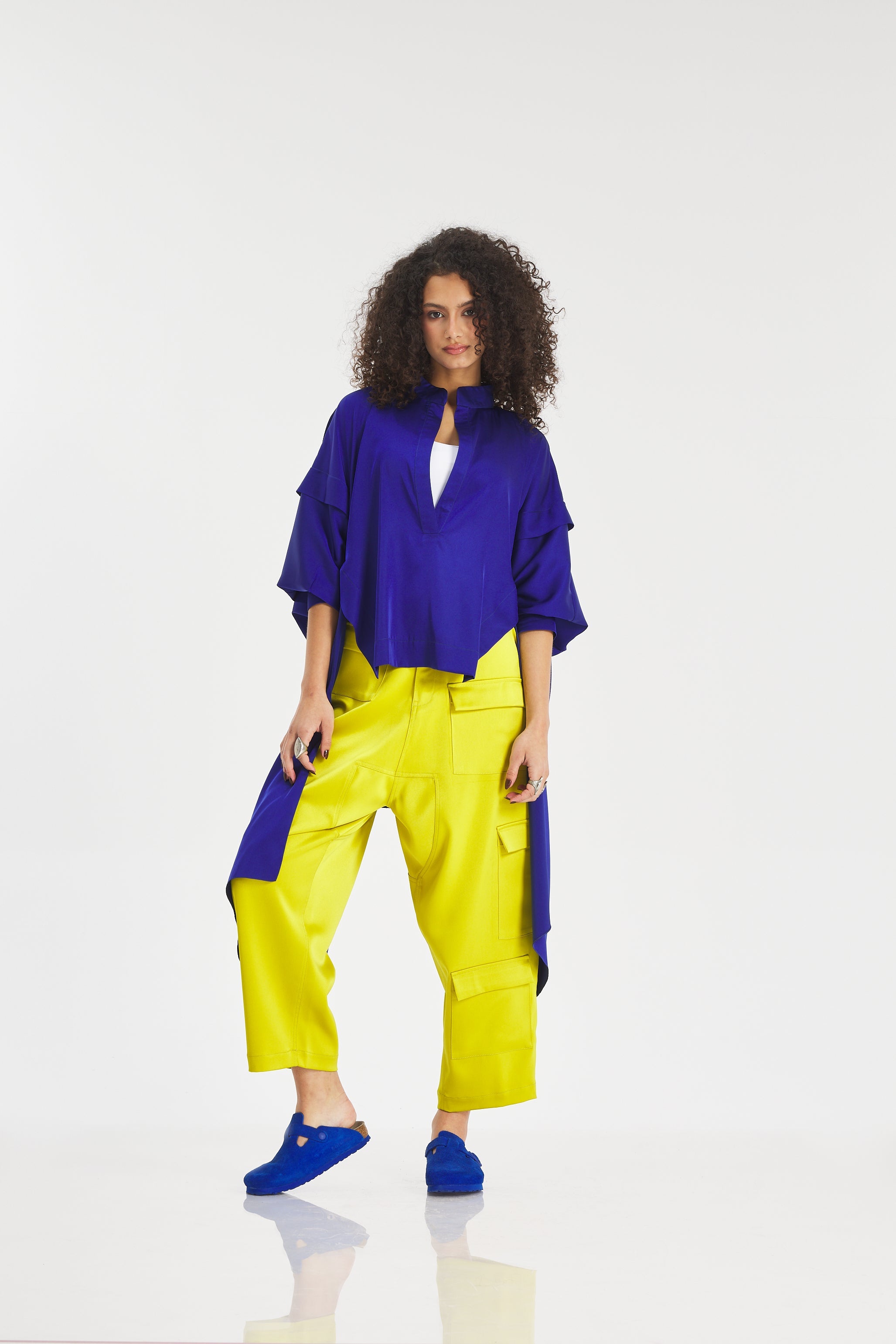 Asymmetrical Oversize Satin Top In Blue