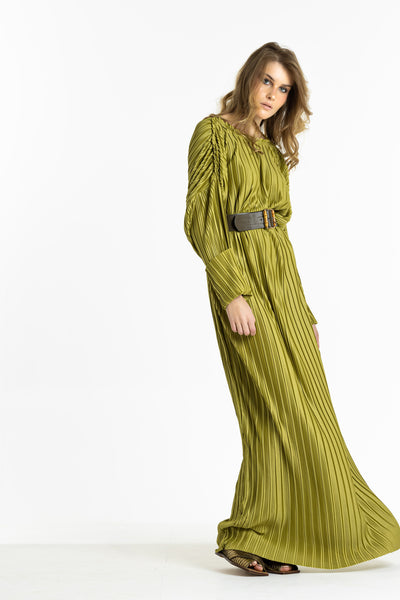 Pleated Stright Dress In Apple Green