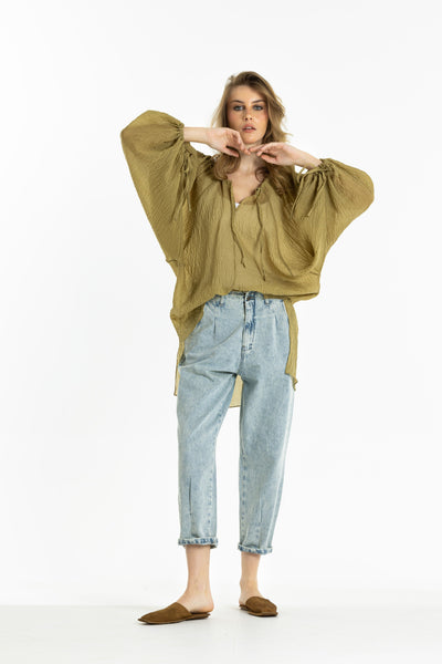 Crushed Chiffon Balloon Sleeves Top