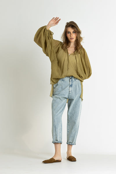 Crushed Chiffon Balloon Sleeves Top