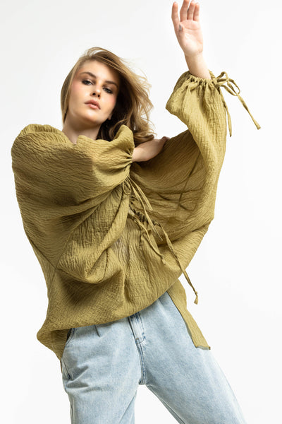 Crushed Chiffon Balloon Sleeves Top