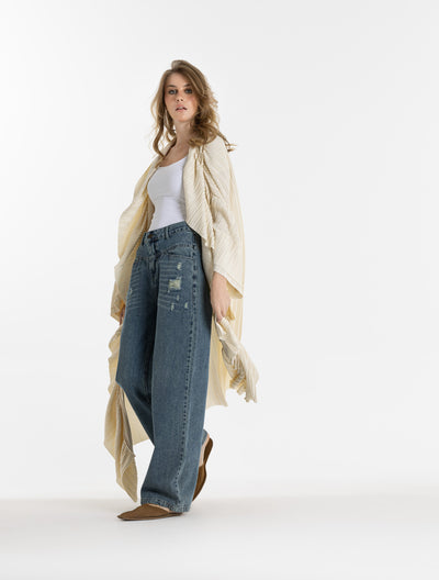 Midi Pleated Oversize Kimono In Off White