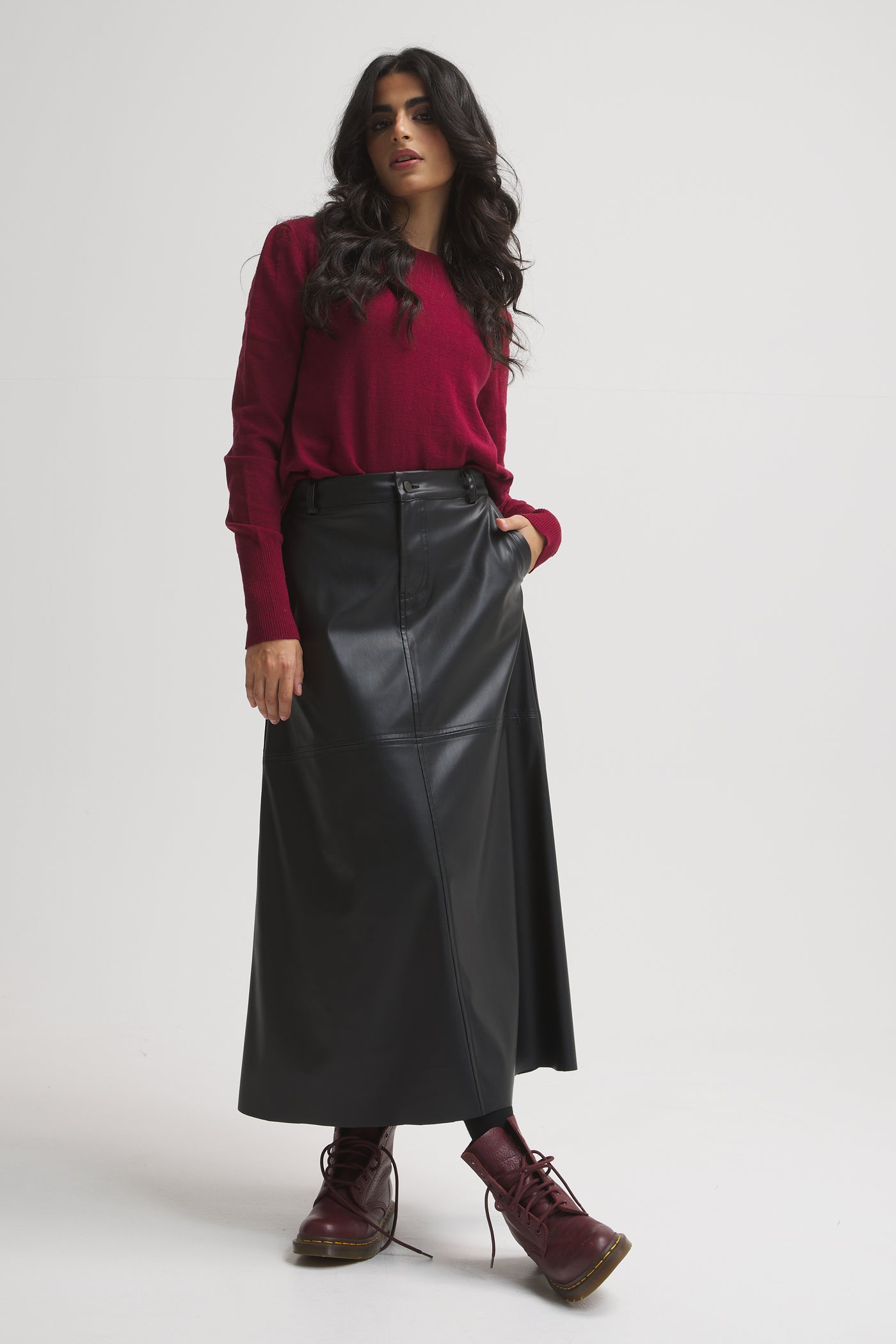 Midi Leather Skirt In Black