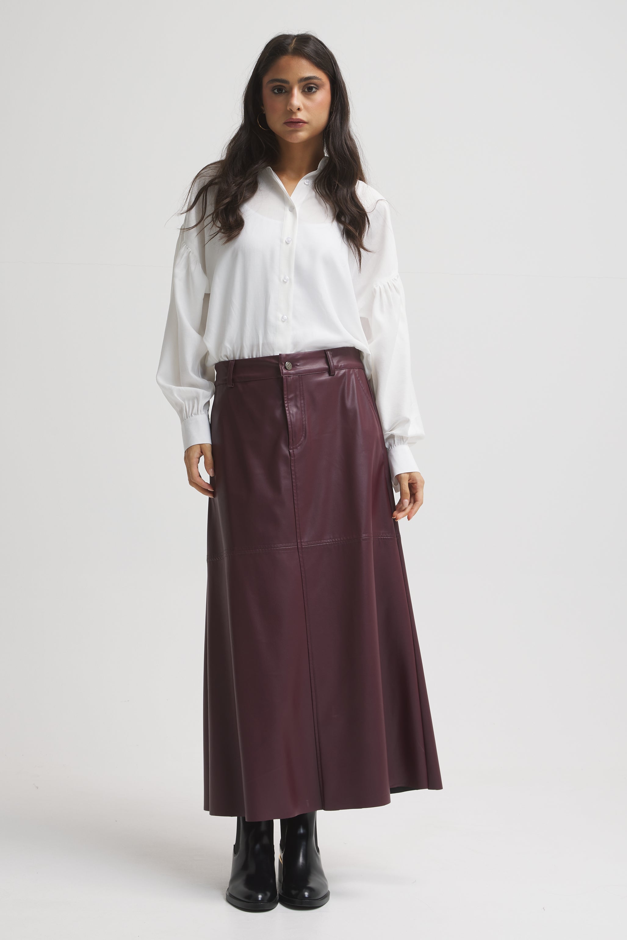 Midi Leather Skirt In Burgundy