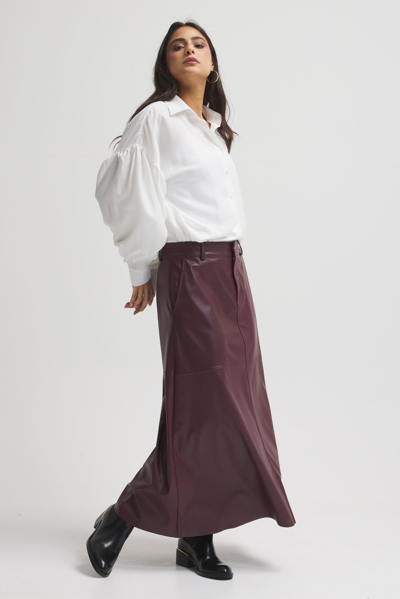 Midi Leather Skirt In Burgundy