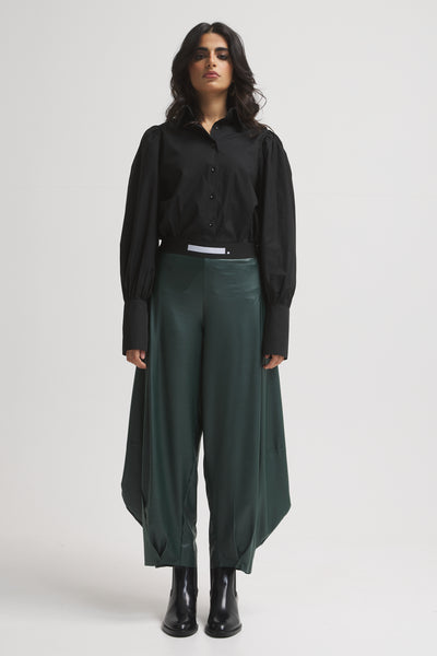 Leather Look Patchwork Cropped Pants In Green